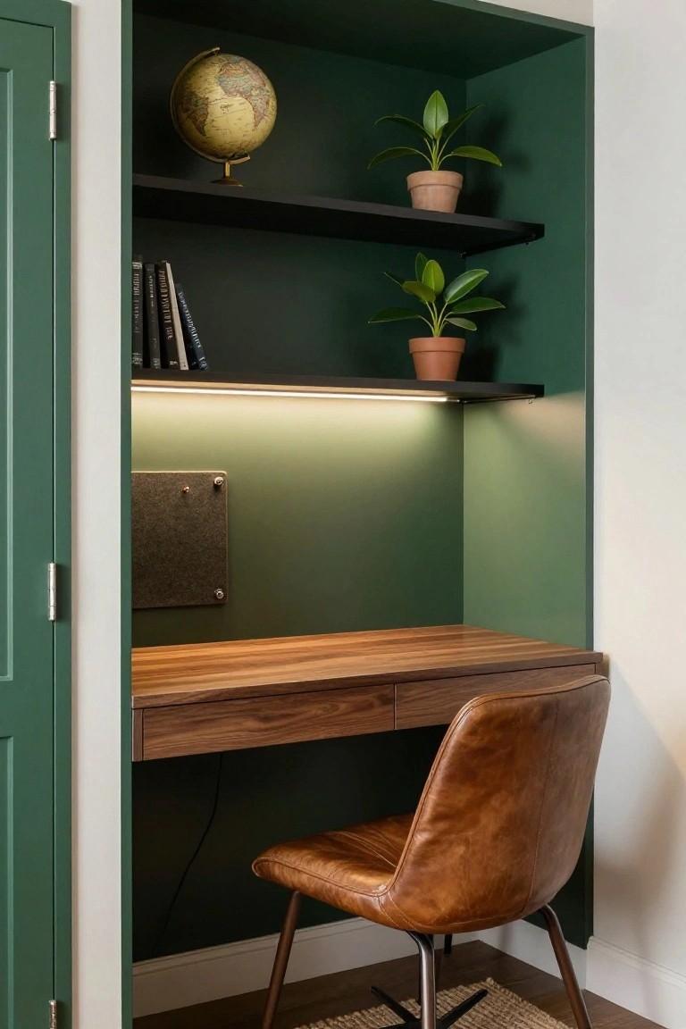 A wooden desk built into a dark green recessed alcove with black floating shelves above holding books, a globe, and potted plants, plus a brown leather chair pulled up to the desk.