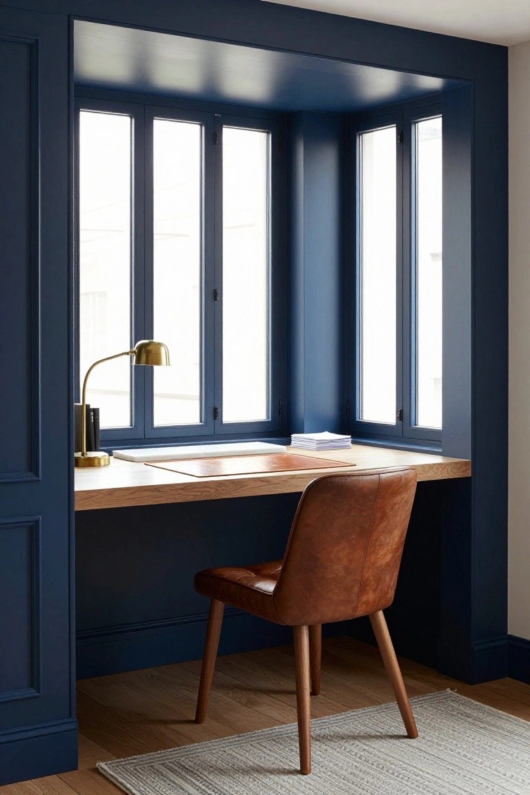 Brown leather chair at wooden desk in blue window alcove with brass lamp