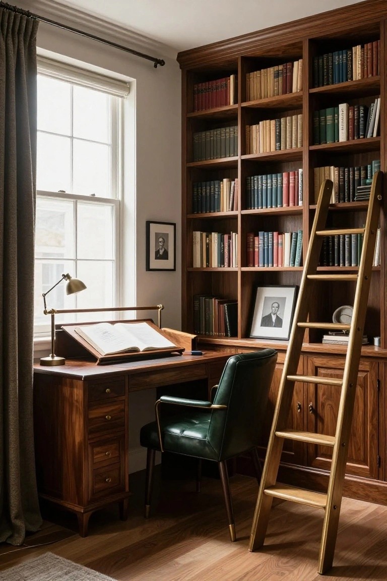 Wooden library with rolling ladder, desk, green leather chair, and full bookshelves.