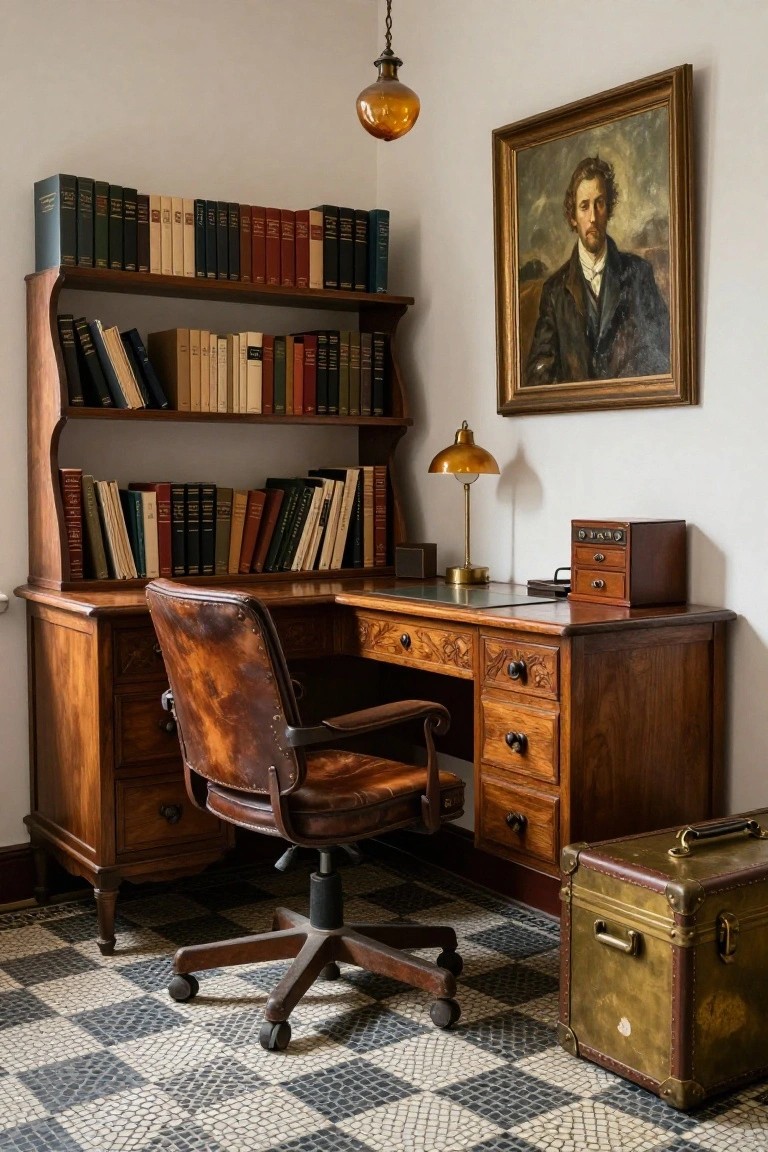 A compact home office corner with a wooden desk, built-in bookshelves, drawers, a brown leather swivel chair, and a vintage trunk on a black and white tiled floor.
