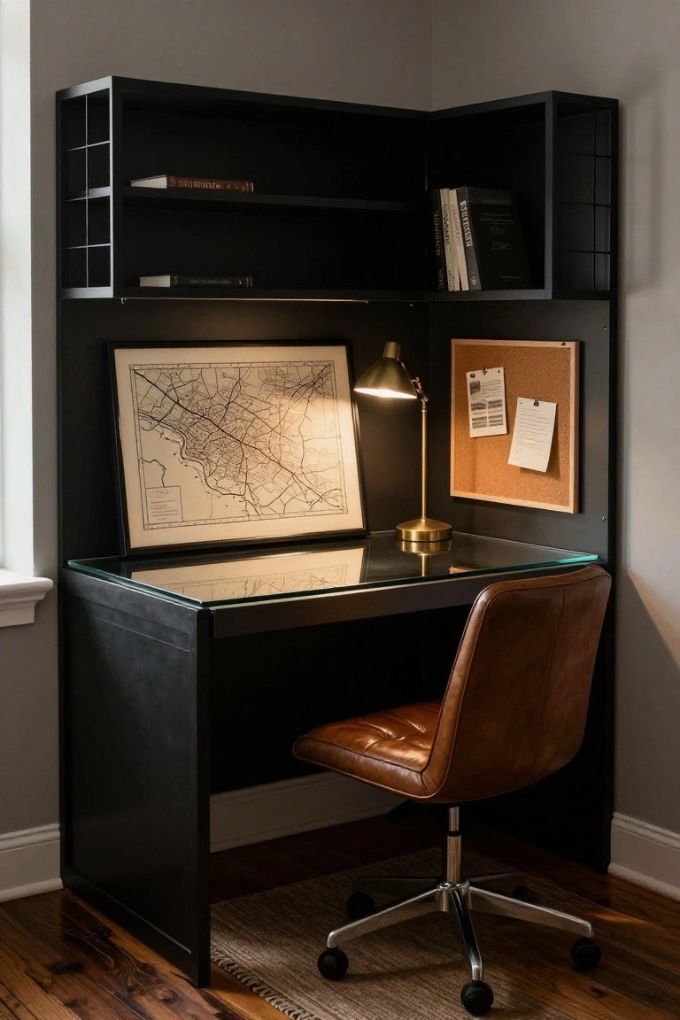 A compact black built-in corner desk with glass top, upper shelving, brown leather office chair, brass desk lamp, framed map, and corkboard in a small room.