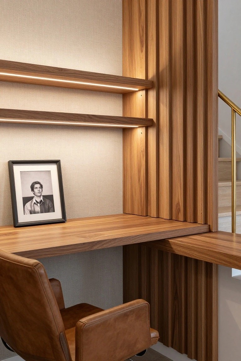A wooden built-in desk with floating shelves above it featuring integrated LED lighting, a brown leather chair, and a framed black and white photo on the desk.