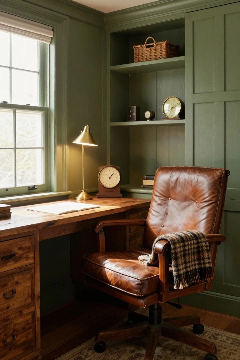 A compact home office with a wooden desk, brown leather chair, and built-in green shelves holding a wicker basket, clock, and small items.