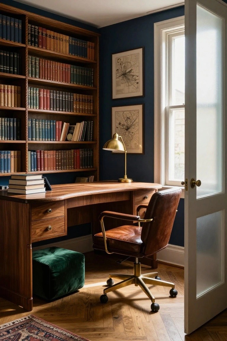 A small home office with wooden built-in bookshelves filled with books, a curved wooden desk, a brown leather swivel chair, and a brass desk lamp next to a window.