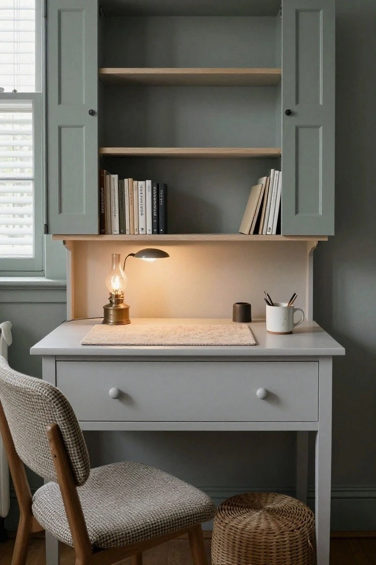 A compact gray desk with a built-in hutch above it that has open shelves holding books and closed side cabinets, plus a lit brass lamp on the desk surface.