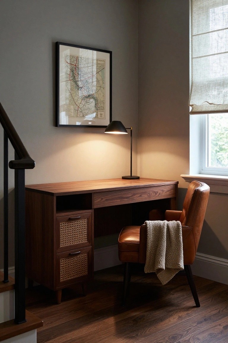 A wooden desk with lower cabinets featuring woven fronts sits in a corner under a framed map, next to a brown leather chair with a desk lamp on top.