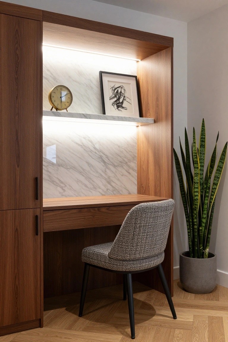 A recessed wooden desk built into a tall dark wood cabinet unit with marble back panel, integrated LED lighting above and below a shelf, a gray upholstered chair, a round clock on the shelf, and a tall potted snake plant to the right.