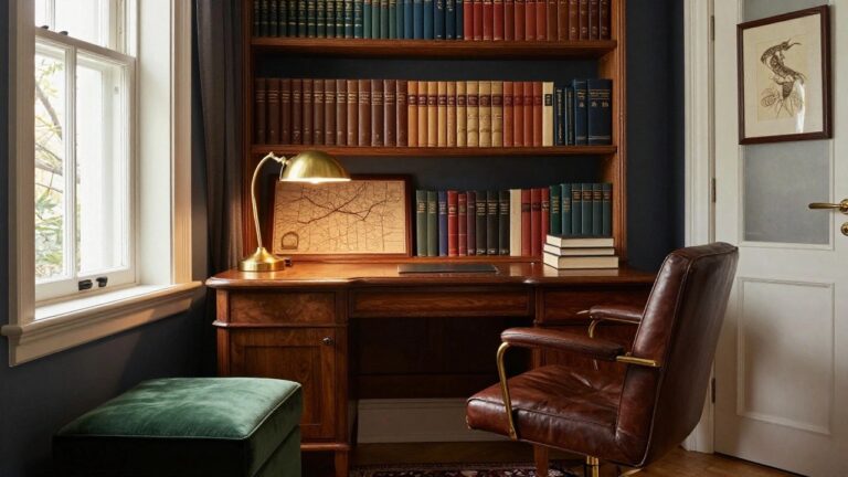 A small home office with wooden built-in bookshelves filled with books, a curved wooden desk, a brown leather swivel chair, and a brass desk lamp next to a window.