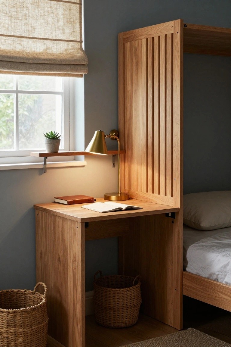 Wooden desk with open book and brass lamp beside window in bedroom