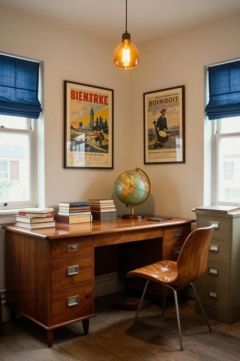 A compact wooden desk with a globe and stacked books sits beneath two framed vintage posters, positioned between two windows with blue shades, and a brown molded chair pulled up to the desk.