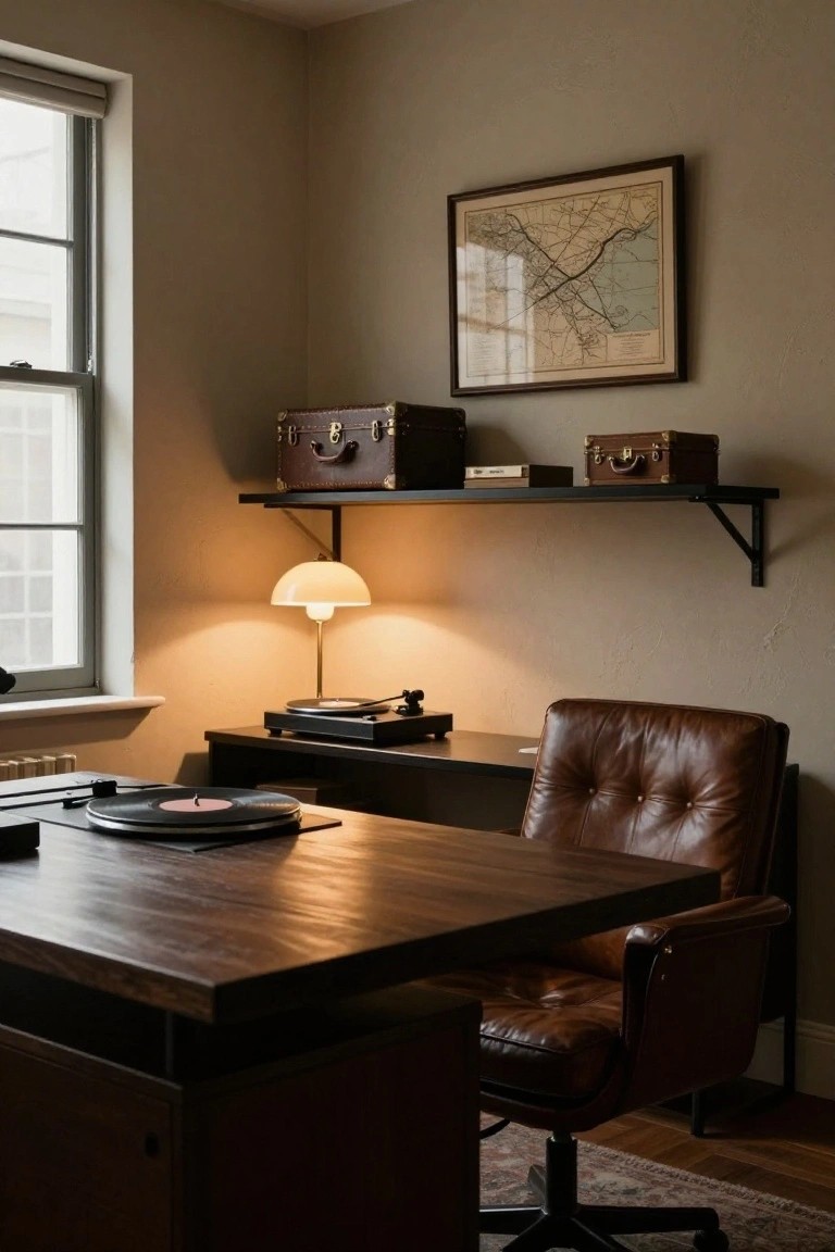 A compact home office corner showing a wooden desk with a record player, a brown leather swivel chair, and a black floating shelf holding two vintage suitcases beneath a framed map.