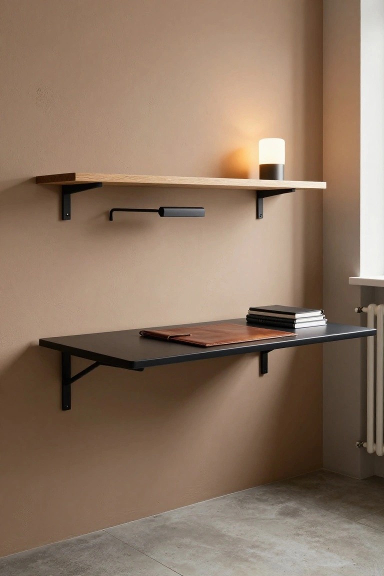 A black wall-mounted desk with a leather folder and stacked books sits below a light wood shelf on a beige wall.