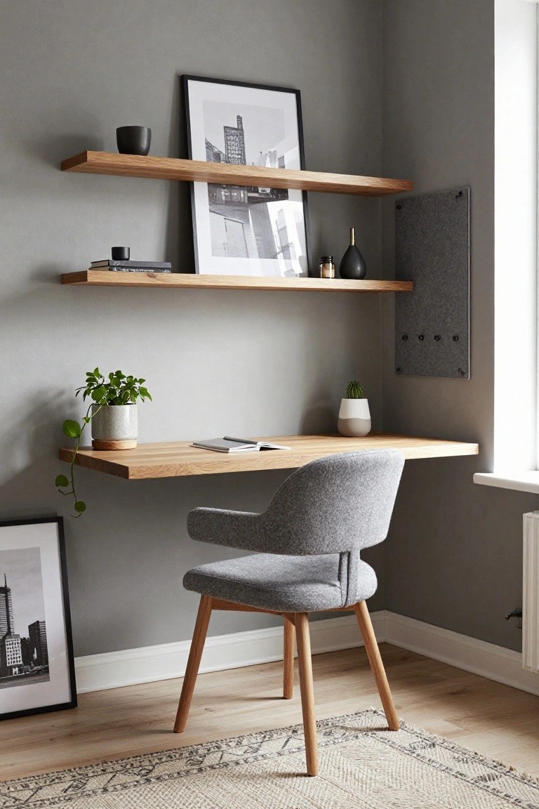 A compact home office features a wooden floating desk with two matching shelves above it, a gray upholstered chair, and minimal accessories on a gray wall.