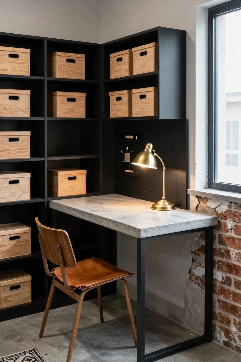 A compact office corner with a concrete desk, leather and wood chair, brass desk lamp, and black open shelving filled with light wooden storage boxes.