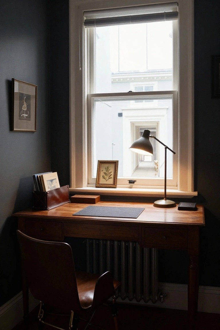 A wooden desk with a leather chair sits under a large window, holding a desk lamp, papers, and a small framed picture on the sill.