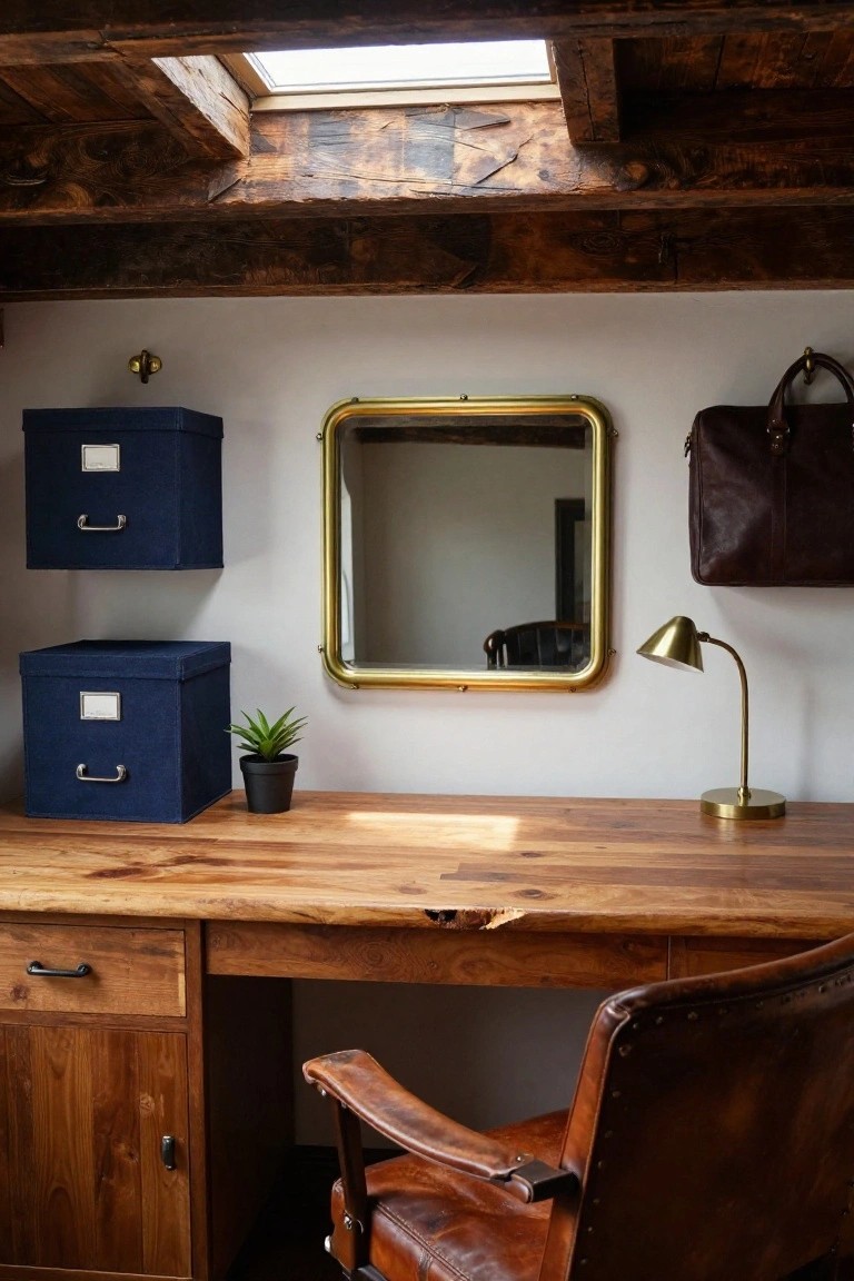A small home office features a rustic wooden desk with a brown leather chair, a large gold-framed mirror mounted on the wall above it, and two blue fabric storage boxes on the left wall.