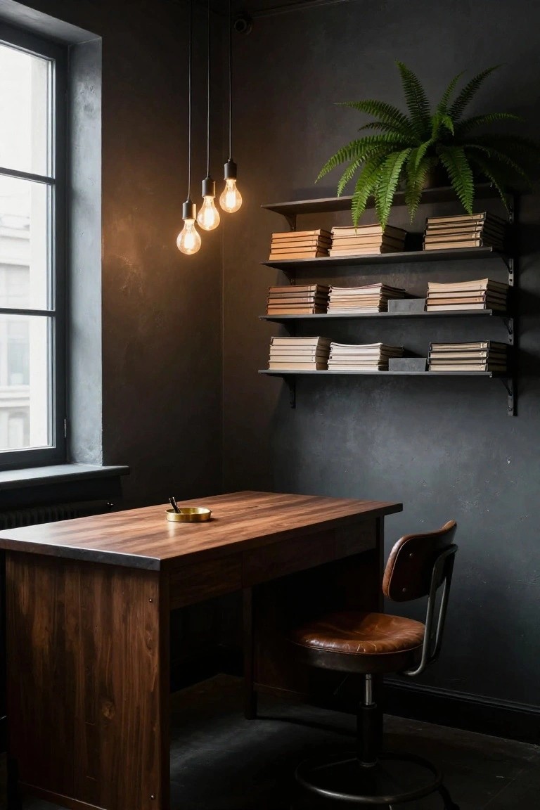 A small office corner with a wooden desk, brown leather swivel chair, three pendant lights, and three tiers of wall-mounted shelves holding stacked books.