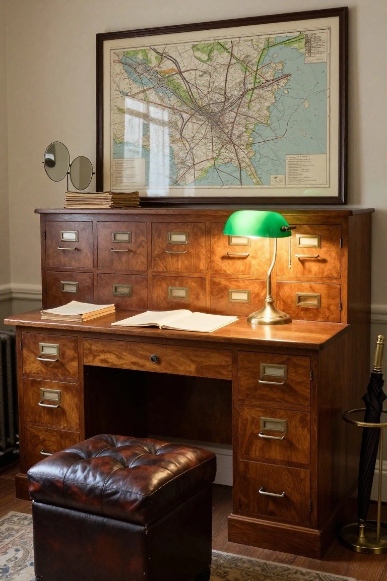 A wooden vintage desk with multiple drawers sits under a framed map, with an open book, green desk lamp, and brown leather ottoman in front.