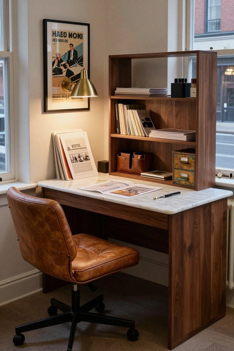 Walnut desk with marble top, brown leather chair, bookshelves, and brass lamp in office