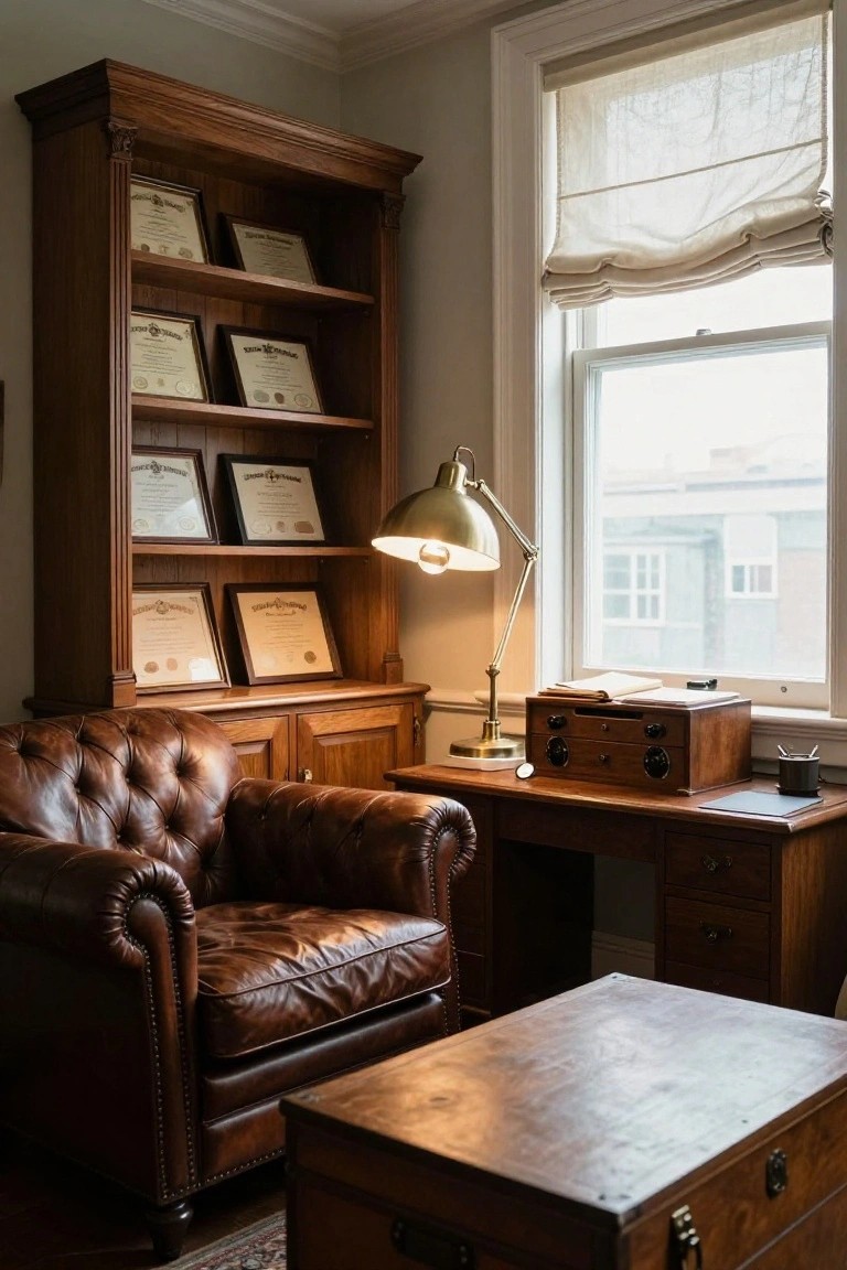 A vintage-style study featuring a brown tufted leather armchair beside a wooden desk with a brass lamp, built-in bookshelves holding framed certificates, and a window with a rolled shade.