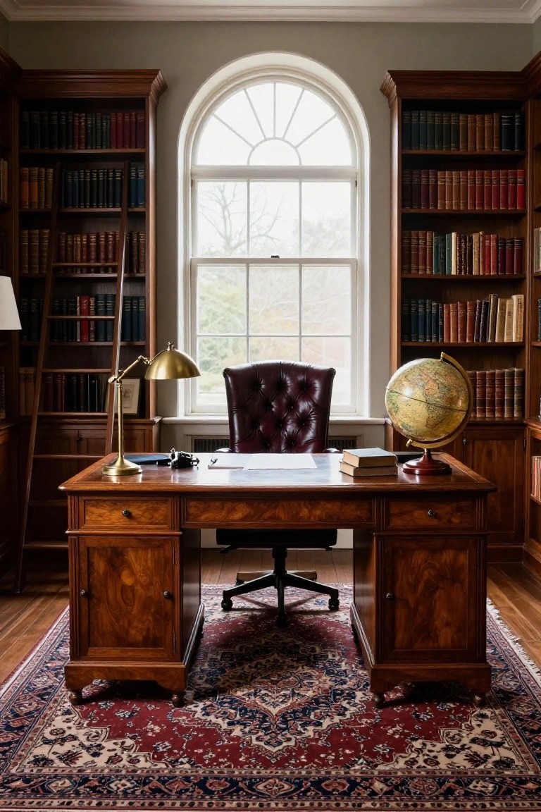 A wooden desk with a burgundy leather chair faces an arched window, with tall built-in bookshelves on both sides and a globe on the right end of the desk.