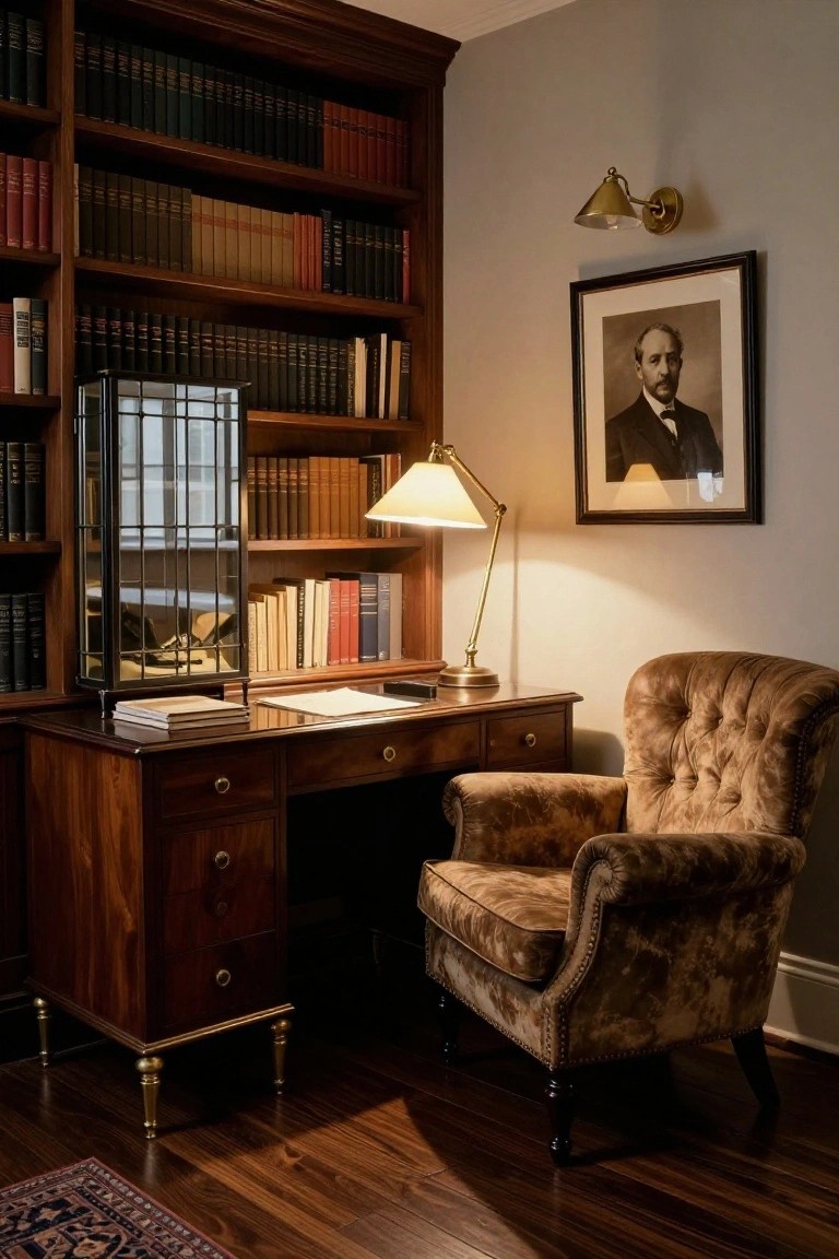A dark wood desk with a brass lamp sits beneath built-in bookshelves filled with books, next to a brown tufted armchair in a study.