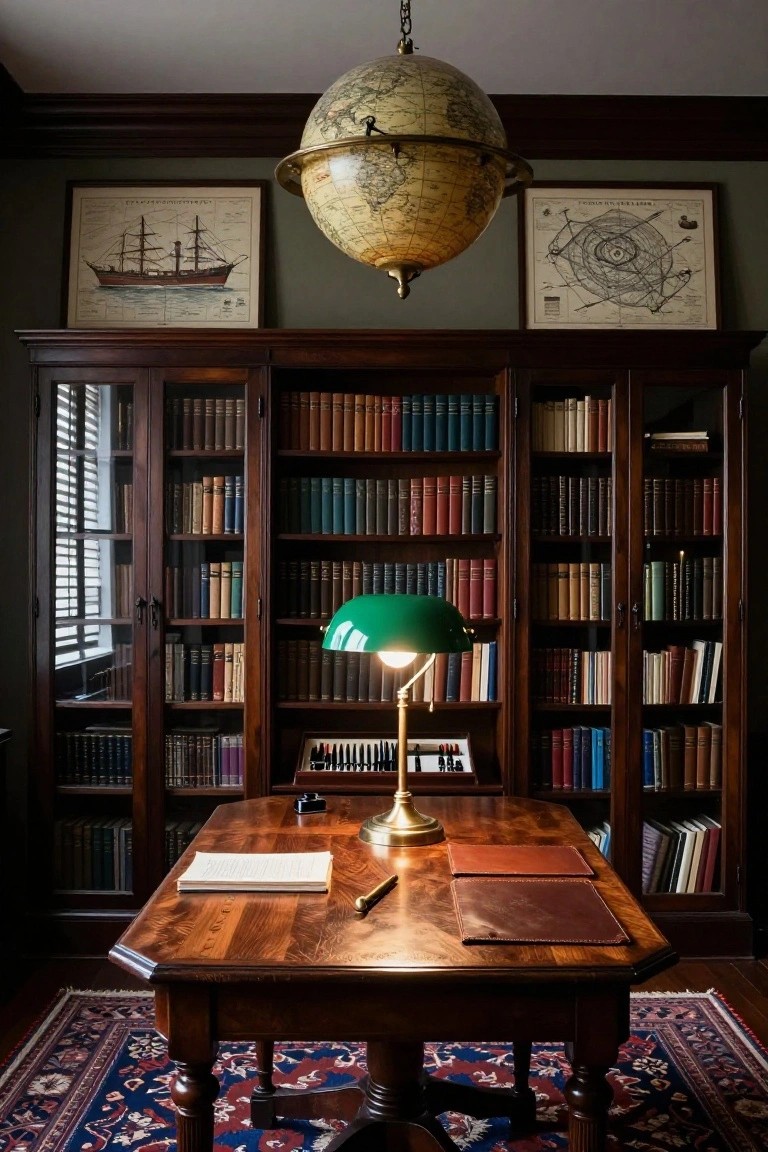 A dark wood desk with a green banker's lamp sits in front of floor-to-ceiling built-in bookshelves filled with books, under a large hanging globe.