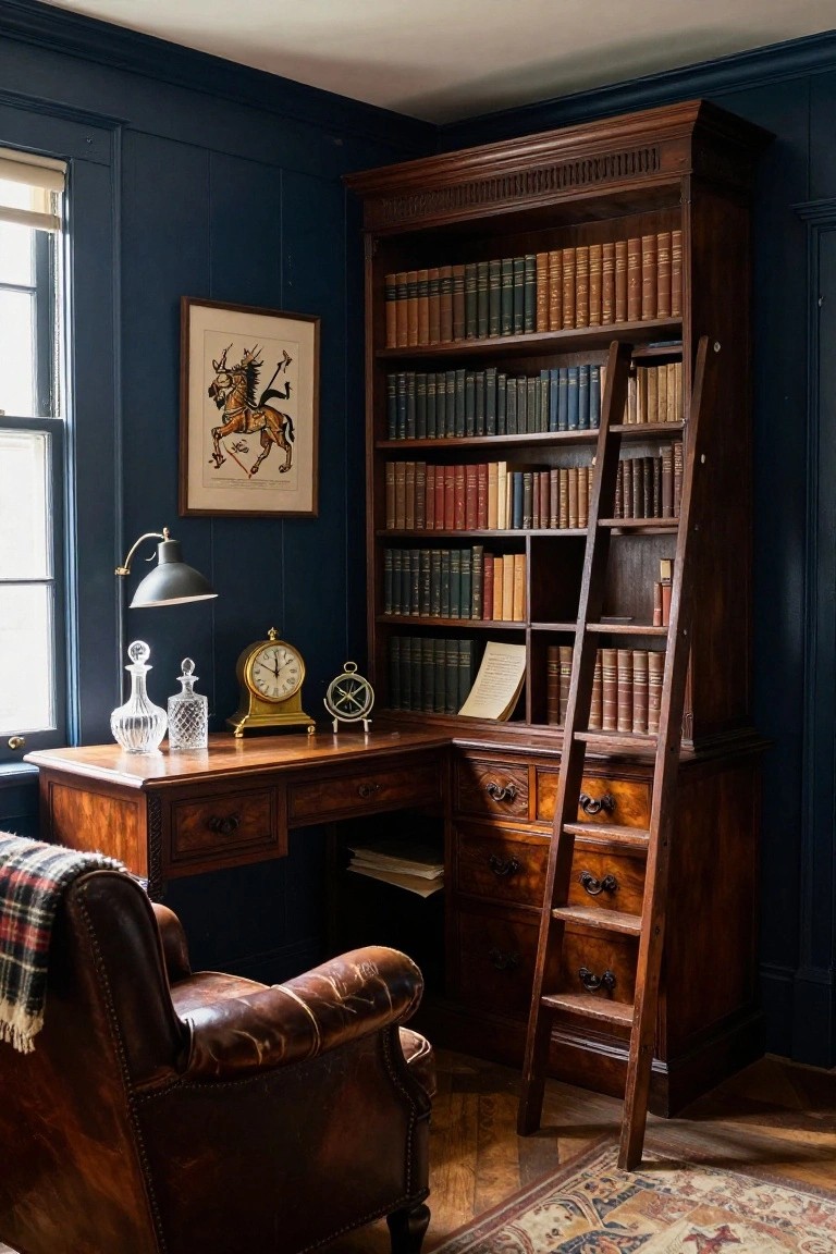 A dark-paneled study with a large wooden built-in bookshelf filled with books, a rolling ladder leaning against it, a desk with a lamp and clock, and a leather chair in the foreground.