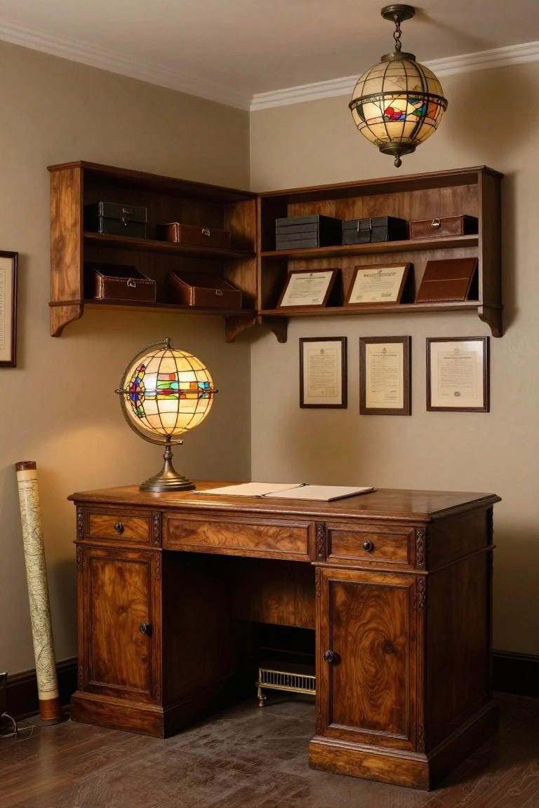 A wooden desk with overhead L-shaped built-in shelves holding storage boxes and framed papers, plus a stained glass globe lamp on the desk surface.