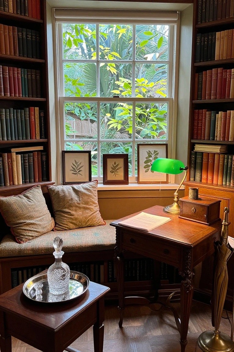Interior of a study with dark wood bookshelves flanking a large multi-paned window, a cushioned window seat below, framed prints on the sill, and a wooden desk with a green lamp positioned in front.