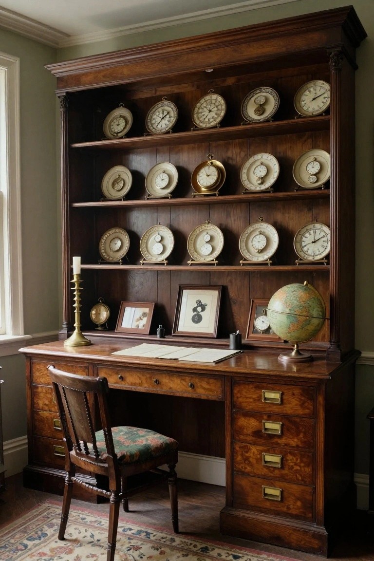 A wooden desk and chair sit below built-in dark wood shelves filled with vintage clocks, a globe, and framed items.
