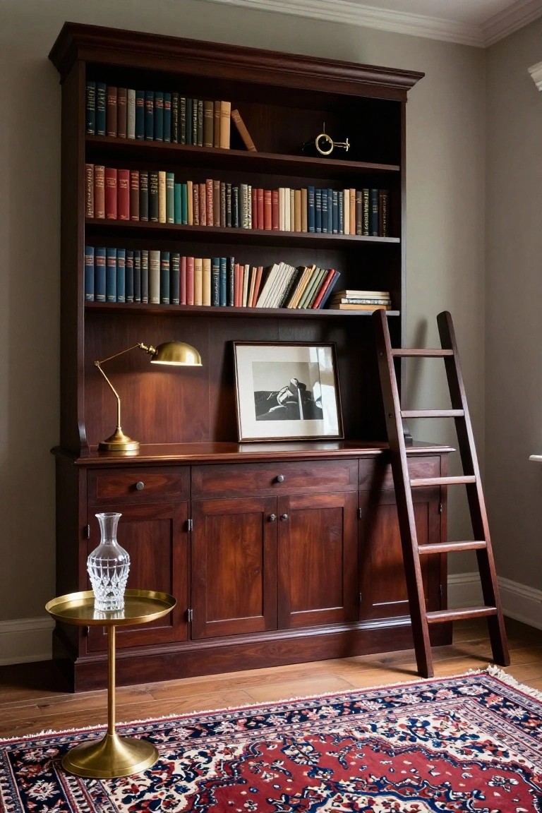 Dark wood built-in bookshelves filled with books, a brass rolling ladder on the right side, and a lower cabinet section with a desk lamp and framed photograph.