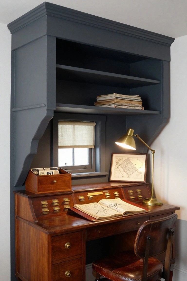 A dark built-in cabinet with open shelves sits above a wooden desk with an open book, brass lamp, and small window.