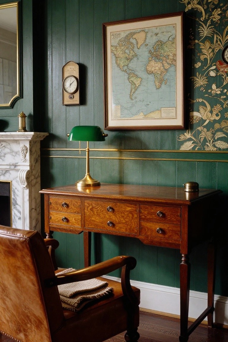 A vintage-style study with dark green paneled walls, a wooden desk with drawers, a brown leather chair, a framed world map, and a white marble fireplace.