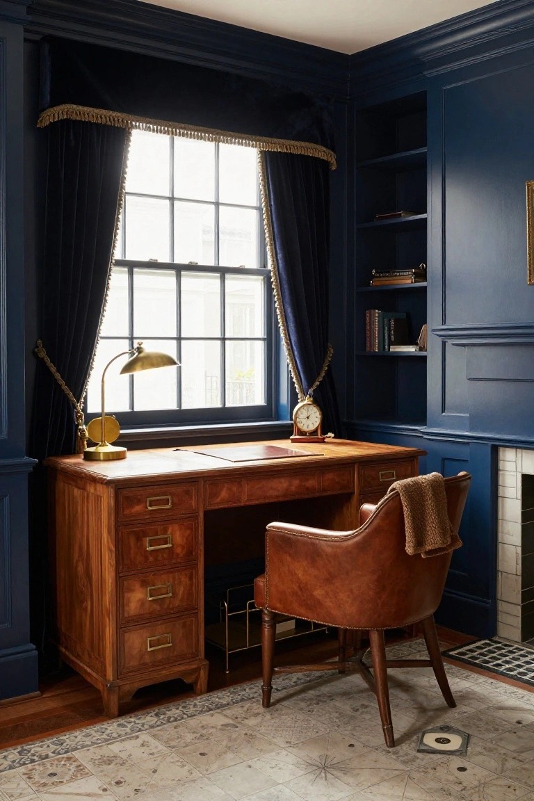Interior of a study with dark blue paneled walls, a wooden desk positioned under a large window with navy curtains, a brown leather chair, and built-in bookshelves to the right.