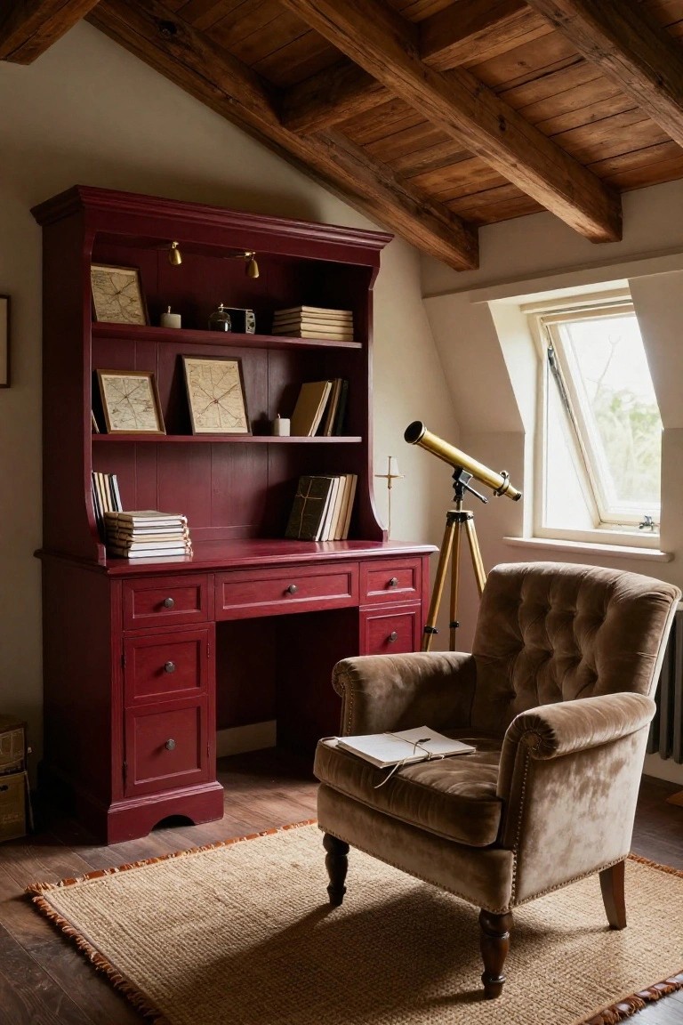 A deep red built-in desk and hutch with books and maps stands in a study beside a brown upholstered armchair, with a telescope near the window.