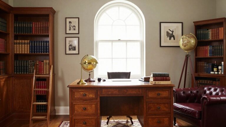 22 Sophisticated Gentleman’s Study Ideas for a Polished Vintage Vibe A wooden desk with a burgundy leather chair faces an arched window, with tall built-in bookshelves on both sides and a globe on the right end of the desk.