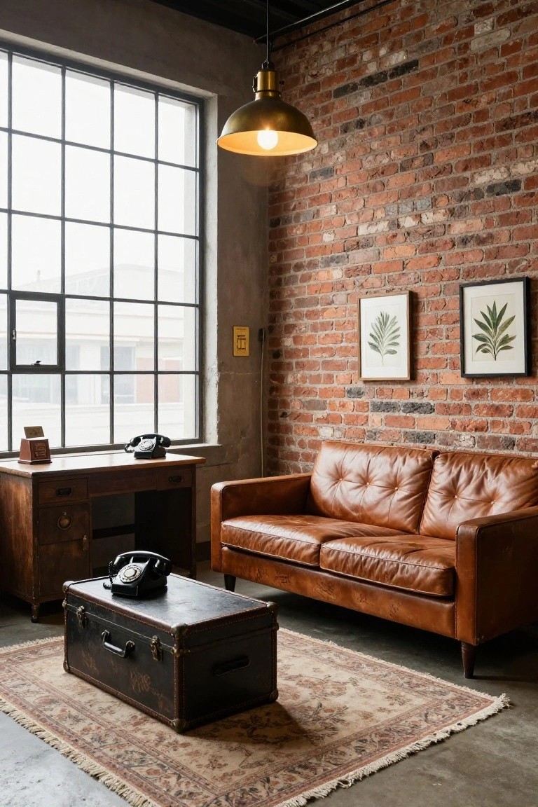 A vintage-style room featuring a brown leather sofa against a red brick wall, a wooden desk by a large window, and a dark trunk used as a table on a patterned rug.