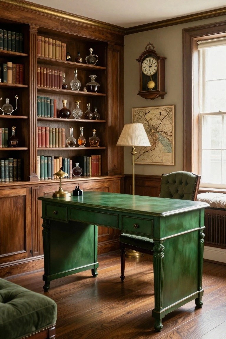 A study interior with a green painted desk in front of wooden built-in bookshelves filled with books and glassware.