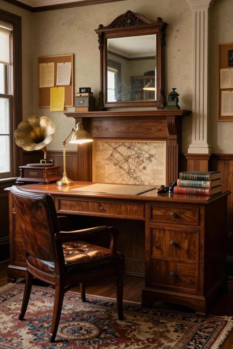 A wooden desk with multiple drawers and a brown leather chair positioned in front of it, with a gramophone to the left and an old map on the wall behind.