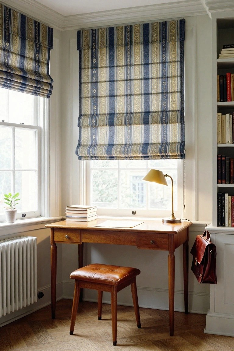 A wooden desk with a leather stool is placed under windows fitted with blue and gold striped Roman shades in a study.