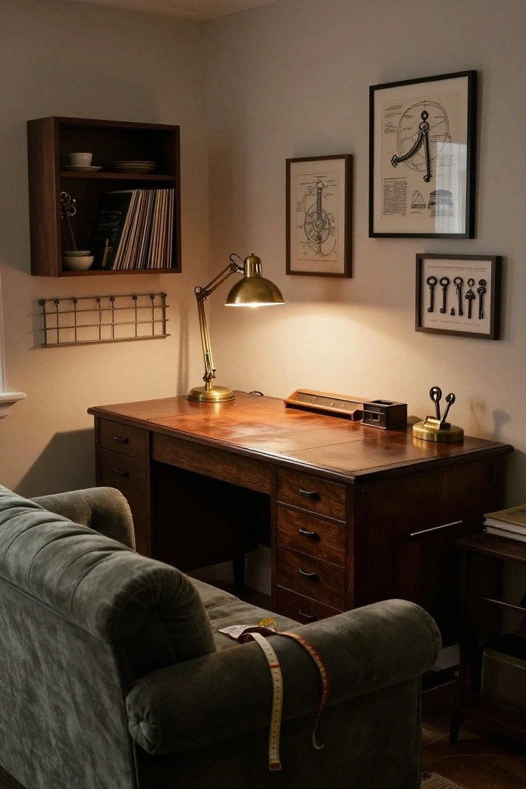 A wooden desk with a brass lamp sits in a study, with framed mechanical diagrams on the wall above and a green armchair in the foreground.