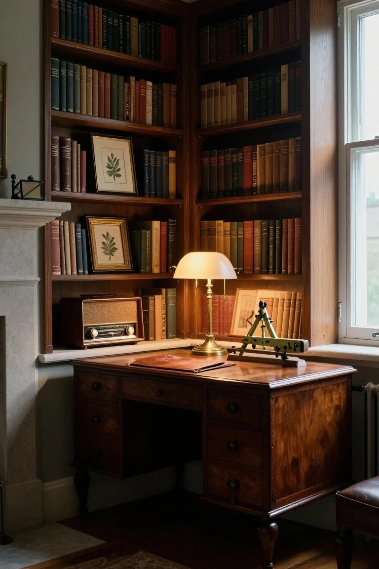 A wooden desk with a lit lamp sits below built-in bookshelves filled with books in a study.