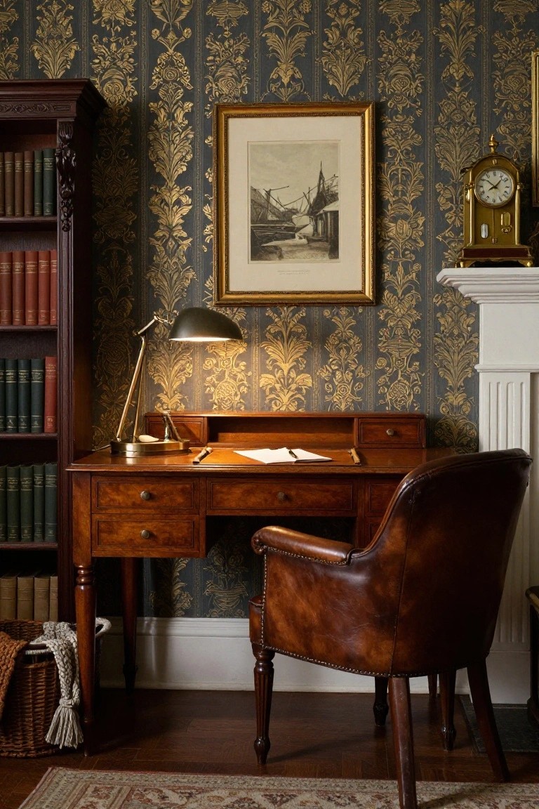 A wooden desk with drawers sits against blue and gold patterned wallpaper, paired with a brown leather armchair and a brass desk lamp.