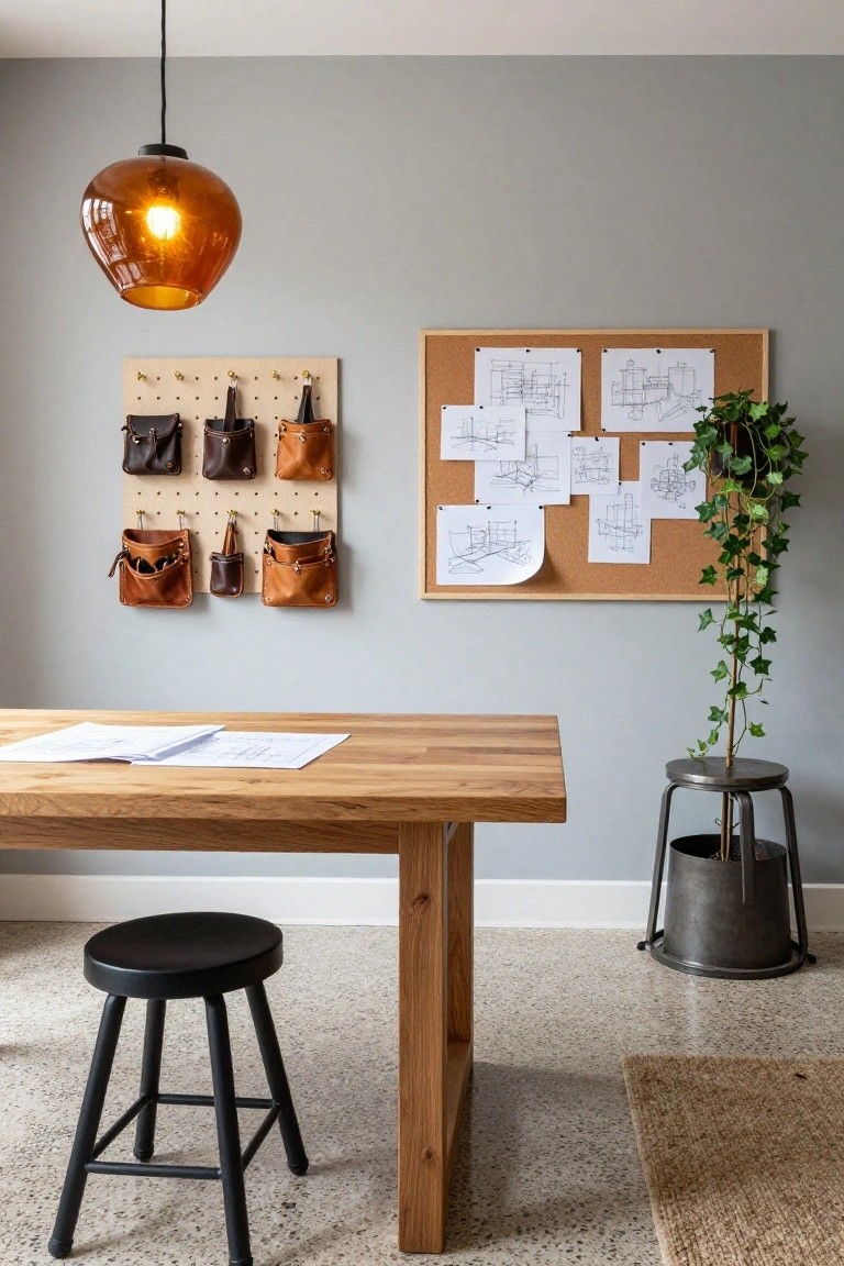 A wooden desk with a black stool faces a gray wall with a pegboard holding leather pouches, a corkboard with drawings, a pendant light, and a potted plant on a metal stand.