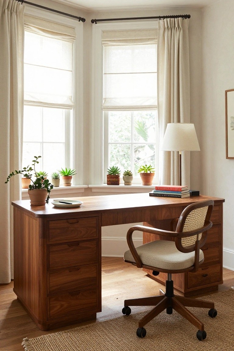 A wooden desk with multiple drawers sits between two windows, paired with a cane-back office chair on a woven rug.
