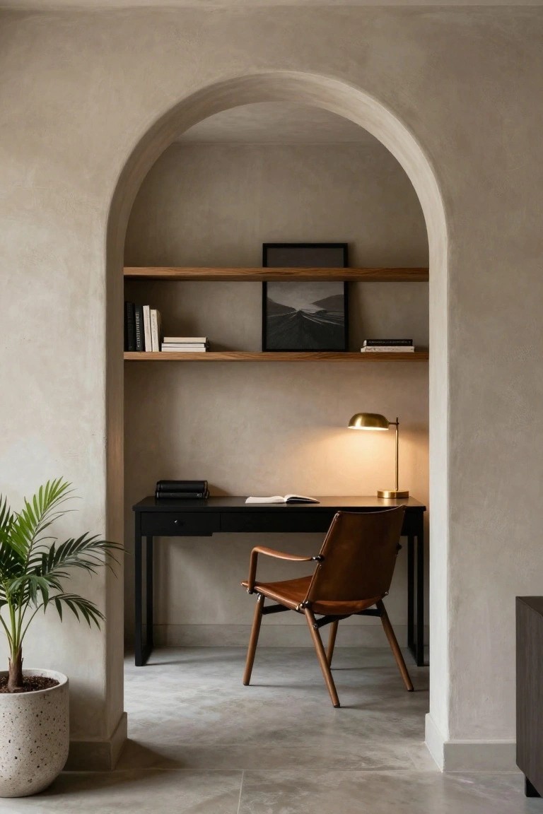 Minimalist black desk with brown leather chair under arched wooden shelves in beige alcove