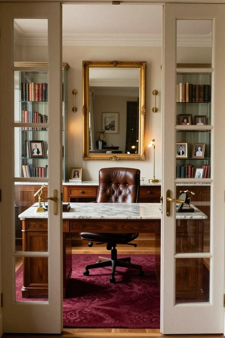 A view through open double doors into a home office featuring a marble-topped wooden desk with a brown leather chair, built-in bookshelves filled with books and photos on both sides of the doorway, and a large gold-framed mirror on the far wall.