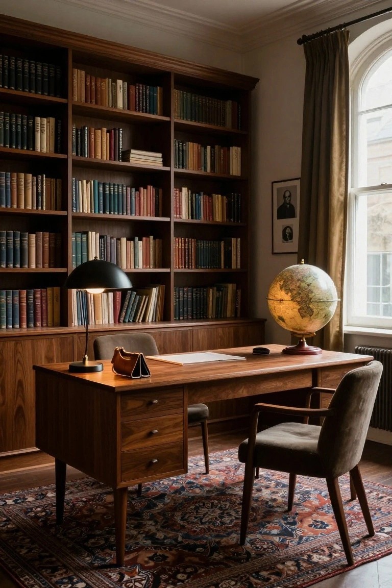 A wooden desk with a lit lamp, globe, and two chairs sits on a patterned rug in front of floor-to-ceiling built-in bookshelves filled with books.