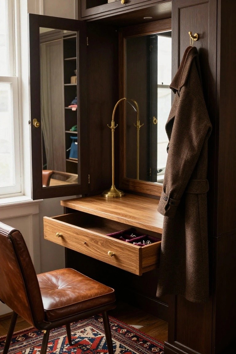A dark wood built-in desk with an open drawer showing jewelry compartments, a brass lamp on top, a brown leather chair in front, and a wool coat hanging on a side hook.